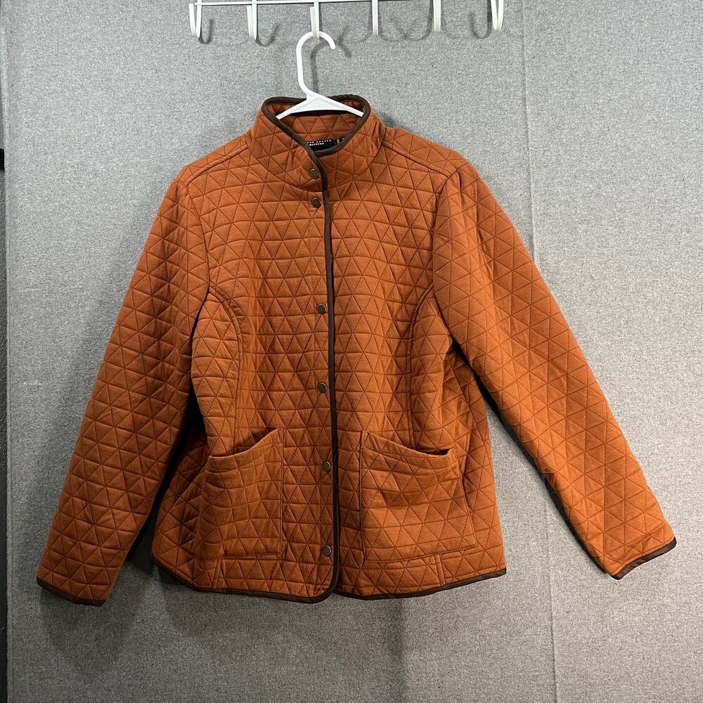 Susan Graver Weekend Quilted Knit Snap Front Mock Neck Jacket Brown Medium